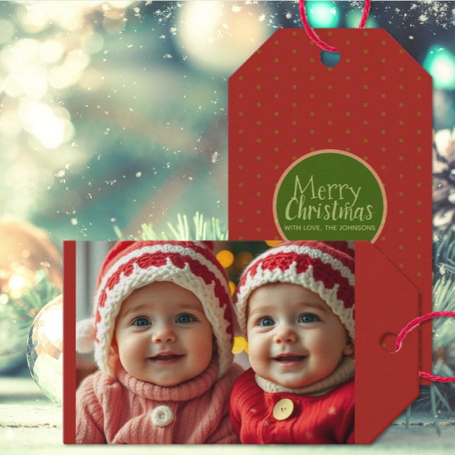 Red Christmas Photo Add Custom Text Gift Tag (Creator Uploaded)