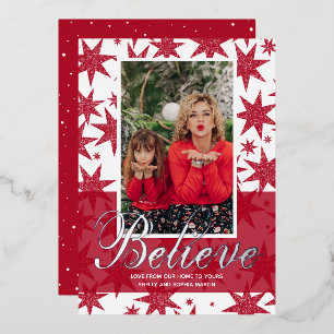 Red Christmas Photo Believe Foil Holiday Card