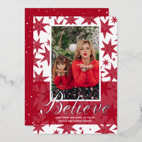 Red Christmas Photo Believe Foil Holiday Card