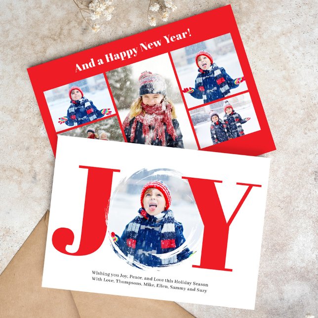 Red Christmas Photo Collage Joy Typography Holiday Card (Joy typography multi photo collage Christmas card.)