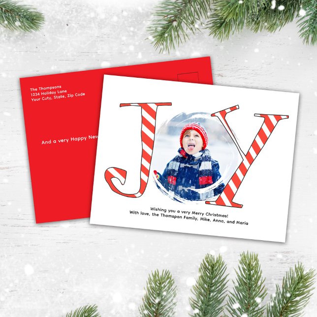 Red Christmas Photo Collage Joy Typography Postcard (Christmas Holiday photo postcard "joy" typography design.)