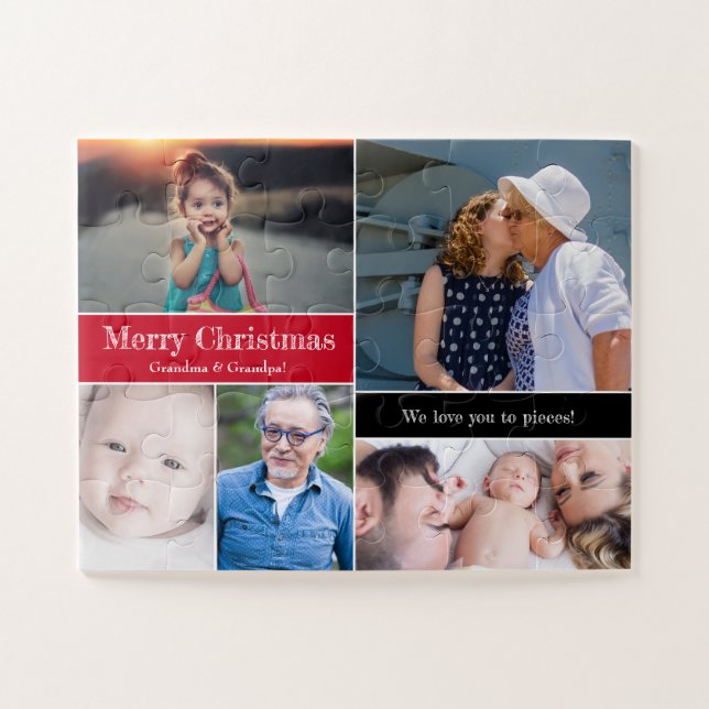 Red Christmas Photo Collage We love you to Pieces Jigsaw Puzzle (Horizontal)