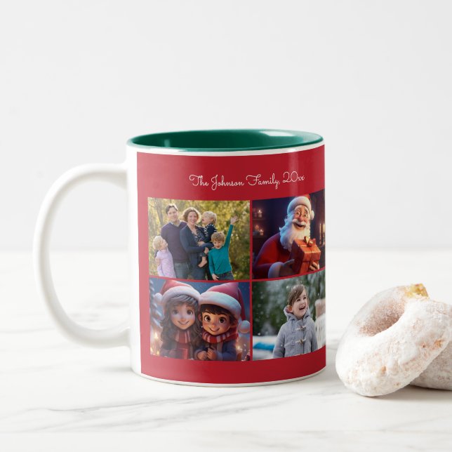 Red Christmas Photo Family Two-Tone Coffee Mug (With Donut)