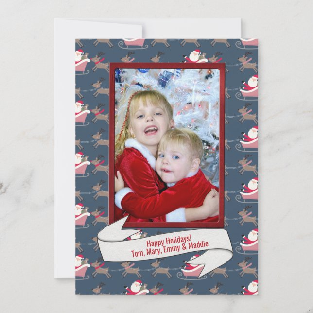 red Christmas photo frame  on Santa background Holiday Card (Front)