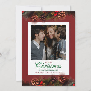 Red Christmas Photo Greeting with Pine Bows Holiday Card