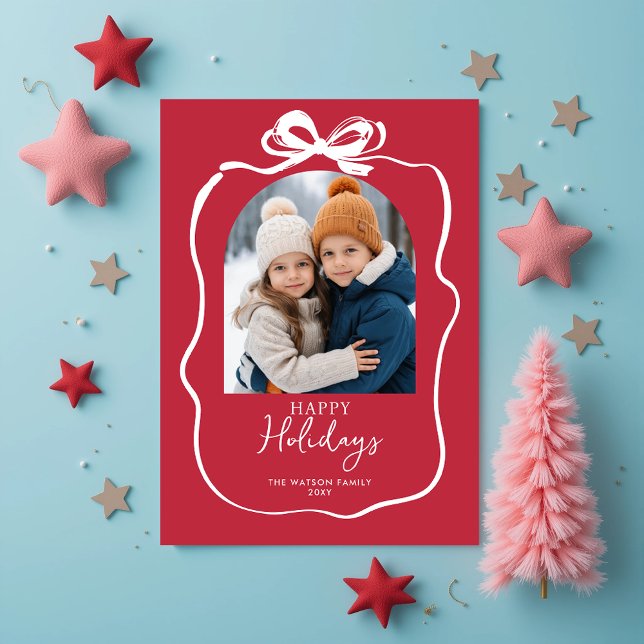Red Christmas Photo Hand-Drawn Bow Ribbon  Holiday Postcard (Red Christmas Photo Hand-Drawn Bow Ribbon Holiday Postcard)