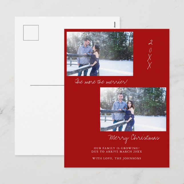 Red Christmas Photo Pregnancy Announcement Card (Front/Back)