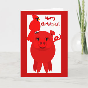 Red Christmas pig and cardinal, card