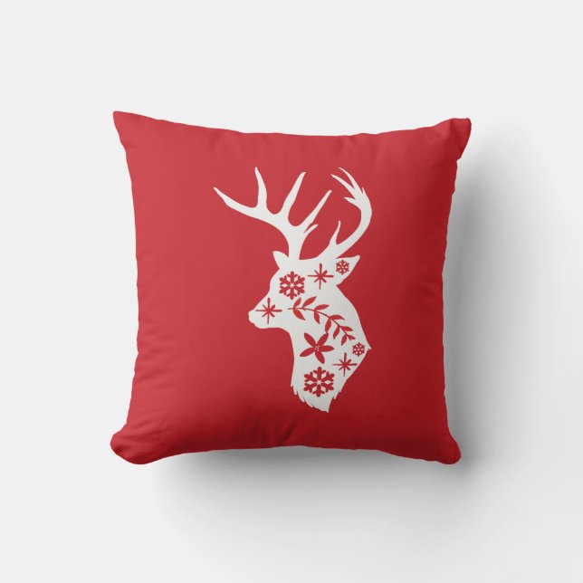 Red Christmas Pillow with White Deer (Front)