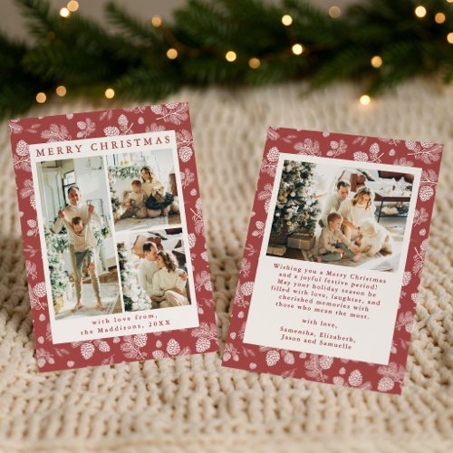 Red Christmas Pine Cones Pattern Family Photos Holiday Card