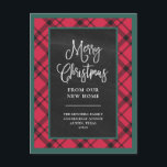 Red Christmas Plaid | New Home Moving Announcement Postcard<br><div class="desc">These casual and rustic holiday moving announcement postcards feature a red, green, and black plaid background, with a black chalkboard look center, and modern white handwritten script typography that says "Merry Christmas from our new home." A great way to wish friends and family a happy holiday season, while letting them...</div>
