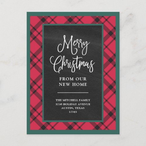 Red Christmas Plaid  New Home Moving Announcement Postcard