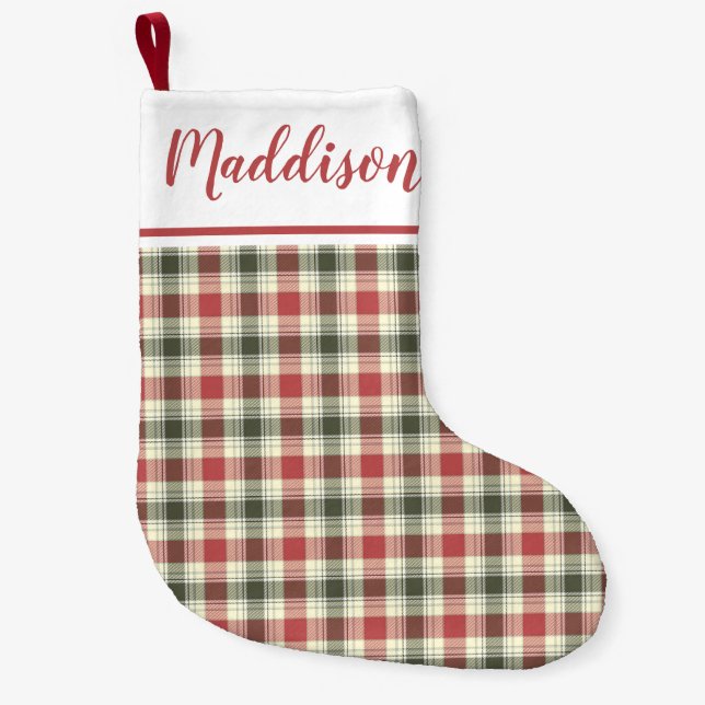 Red Christmas plaid pattern personalized name  Small Christmas Stocking (Front)