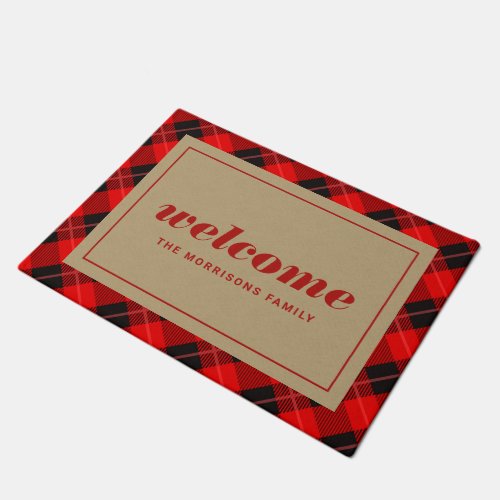 Red Christmas Plaid Personalized Welcome Doormat