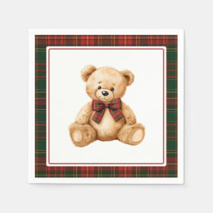 Red Christmas Plaid Winter Teddy Bear Baby Shower Napkins