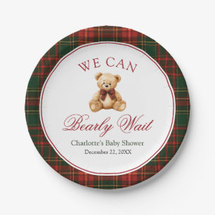 Red Christmas Plaid Winter Teddy Bear Baby Shower Paper Plates