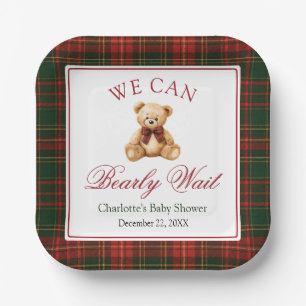 Red Christmas Plaid Winter Teddy Bear Baby Shower Paper Plates