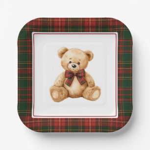 Red Christmas Plaid Winter Teddy Bear Baby Shower Paper Plates
