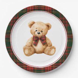 Red Christmas Plaid Winter Teddy Bear Baby Shower Paper Plates