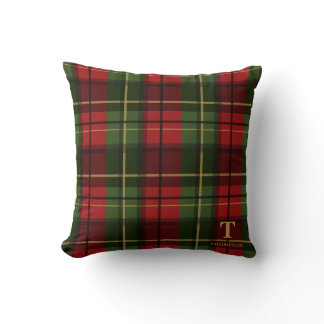Red Christmas Plaid With Monogram And Surname Throw Pillow