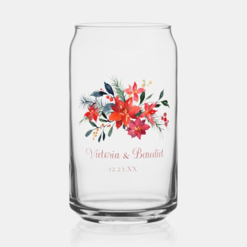 Red Christmas Poinsetta Floral Custom Wedding Can Glass