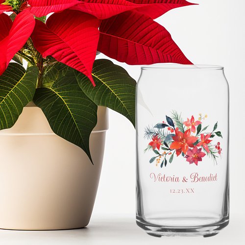 Red Christmas Poinsetta Floral Custom Wedding Can Glass