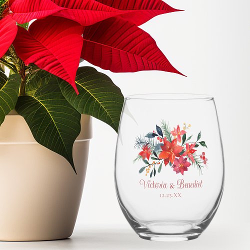 Red Christmas Poinsetta Floral Custom Wedding Stemless Wine Glass