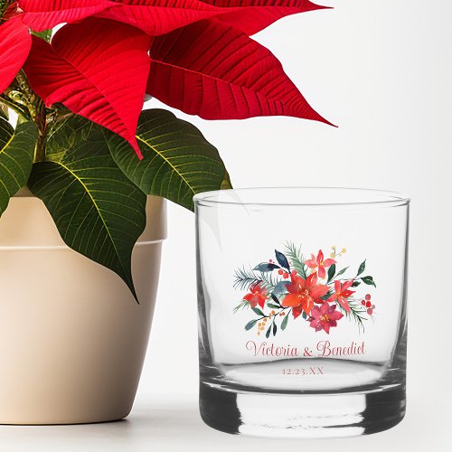 Red Christmas Poinsetta Floral Custom Wedding Whiskey Glass