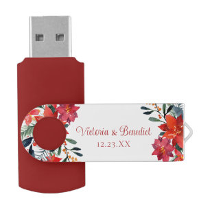Red Christmas Poinsettia Elegant Floral Wedding Flash Drive