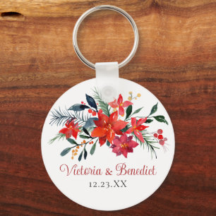 Red Christmas Poinsettia Elegant Floral Wedding Keychain