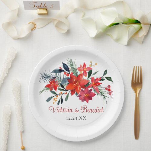 Red Christmas Poinsettia Elegant Floral Wedding Paper Plates