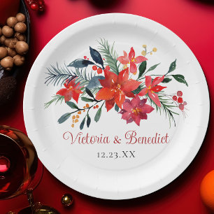Red Christmas Poinsettia Elegant Floral Wedding Paper Plates