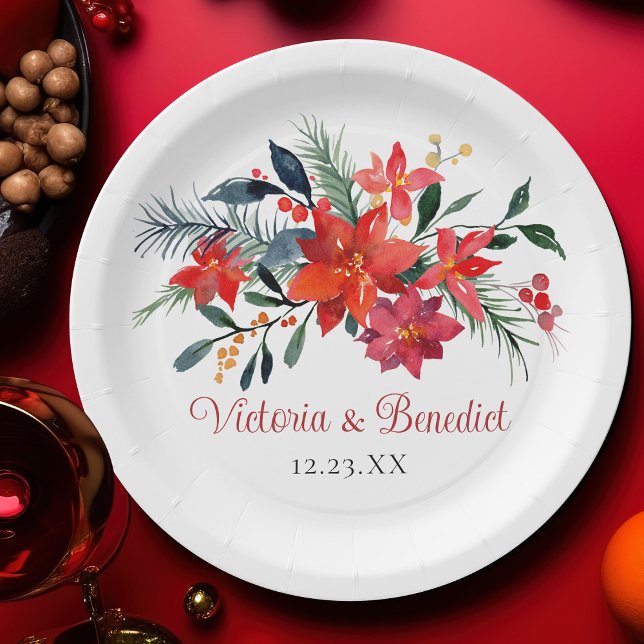 Red Christmas Poinsettia Elegant Floral Wedding Paper Plates (Creator Uploaded)