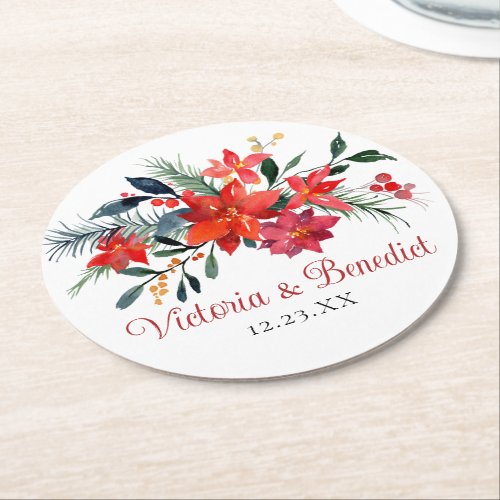 Red Christmas Poinsettia Elegant Floral Wedding Round Paper Coaster