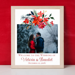 Red Christmas Poinsettia Floral Photo Wedding Poster