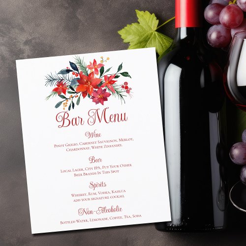 Red Christmas Poinsettia Floral Wedding Bar Menu