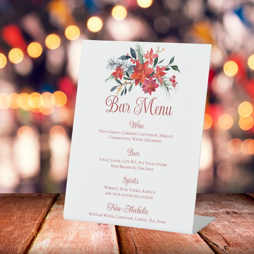 Red Christmas Poinsettia Floral Wedding Bar Menu Pedestal Sign