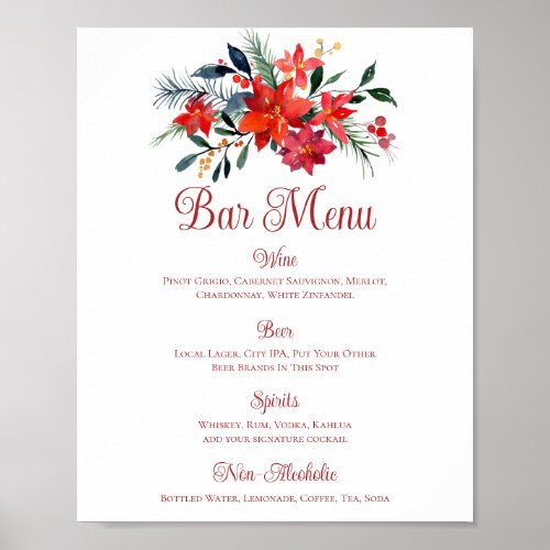 Red Christmas Poinsettia Floral Wedding Bar Menu Poster