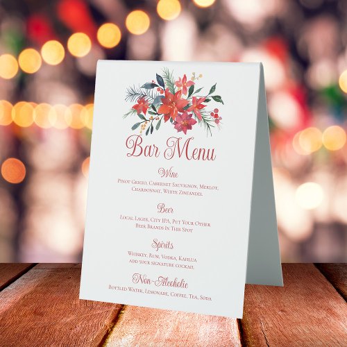 Red Christmas Poinsettia Floral Wedding Bar Menu Table Tent Sign