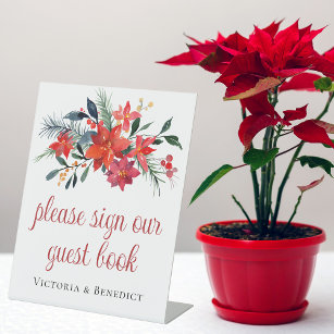 Red Christmas Poinsettia Floral Wedding Guest Book Pedestal Sign