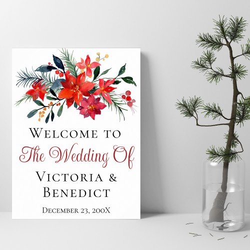 Red Christmas Poinsettia Floral Wedding Welcome Poster