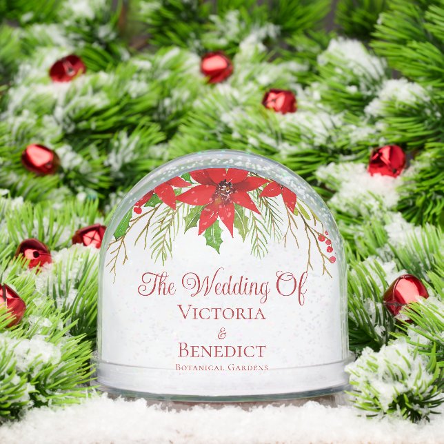 Red Christmas Poinsettia Holiday Photo Wedding Snow Globe (Christmas)
