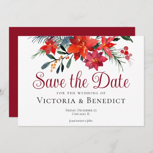 Red Christmas Poinsettia Holiday Save the Date Invitation