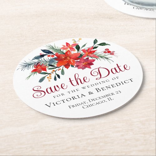 Red Christmas Poinsettia Holiday Save the Date Round Paper Coaster