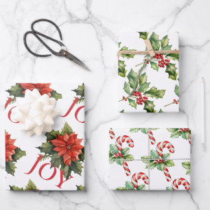 RED CHRISTMAS POINSETTIA, HOLLY, CANDY CANE WRAPPING PAPER SHEETS