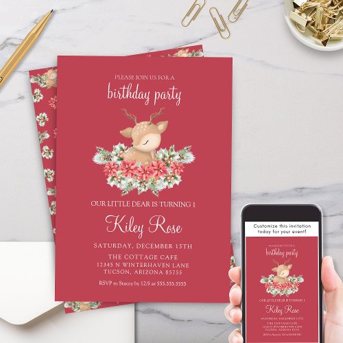 Red Christmas Poinsettia Little Deer Birthday Invitation