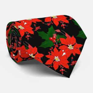 Red Christmas Poinsettia on Black Neck Tie