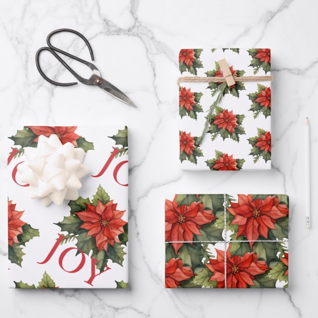  RED CHRISTMAS POINSETTIA PATTERNS COORDINATED WRAPPING PAPER SHEETS (Front)