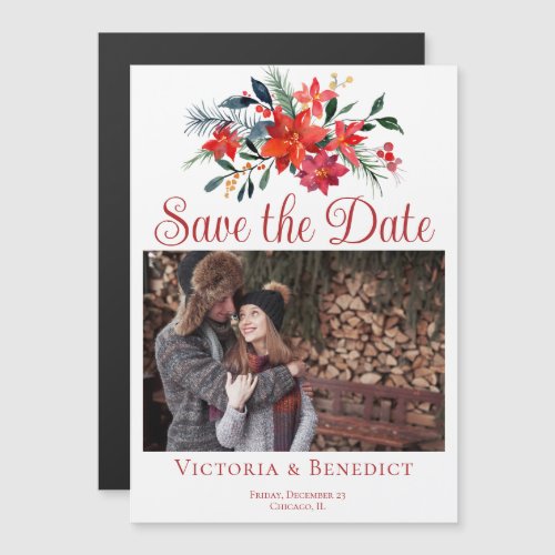 Red Christmas Poinsettia Photo Save the Date Magnetic Invitation