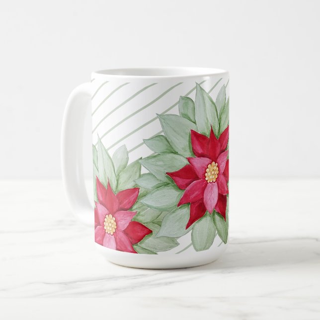 Red Christmas Poinsettia Watercolor Hand-painted Coffee Mug (Front Left)
